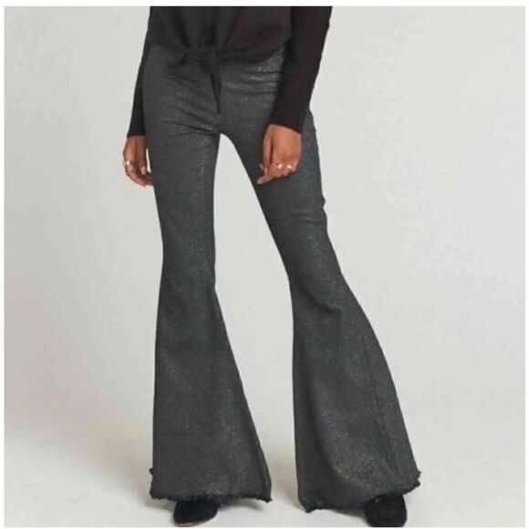 Mumu Blue Women's High Waist Elastic Waist Metallic Gray Bell Bottom Pants Sz S - Picture 1 of 11